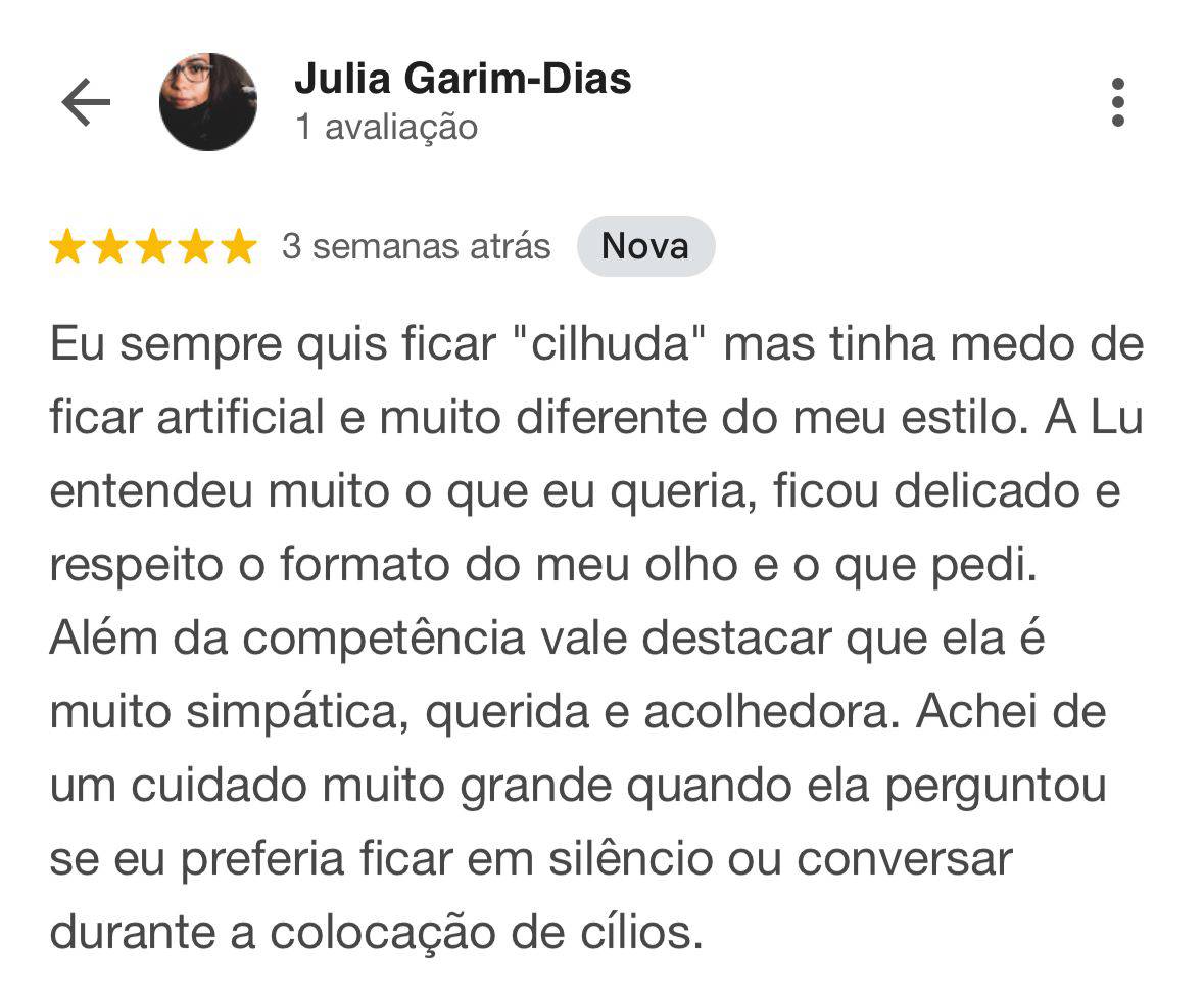 Avaliação da cliente Julia Garim-Dias